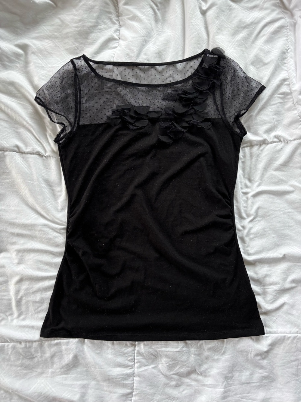 White House black market Black Mesh Yoke Floral Appliqué Women's Top